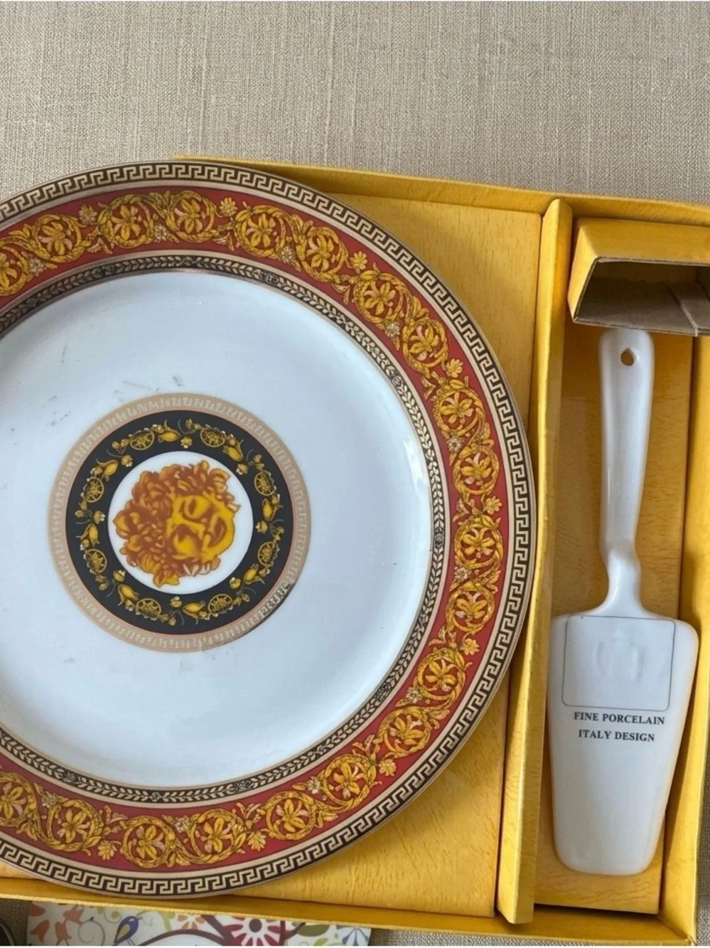 Versace-Style Medusa Red Footed Cake Stand & Matching Server Set